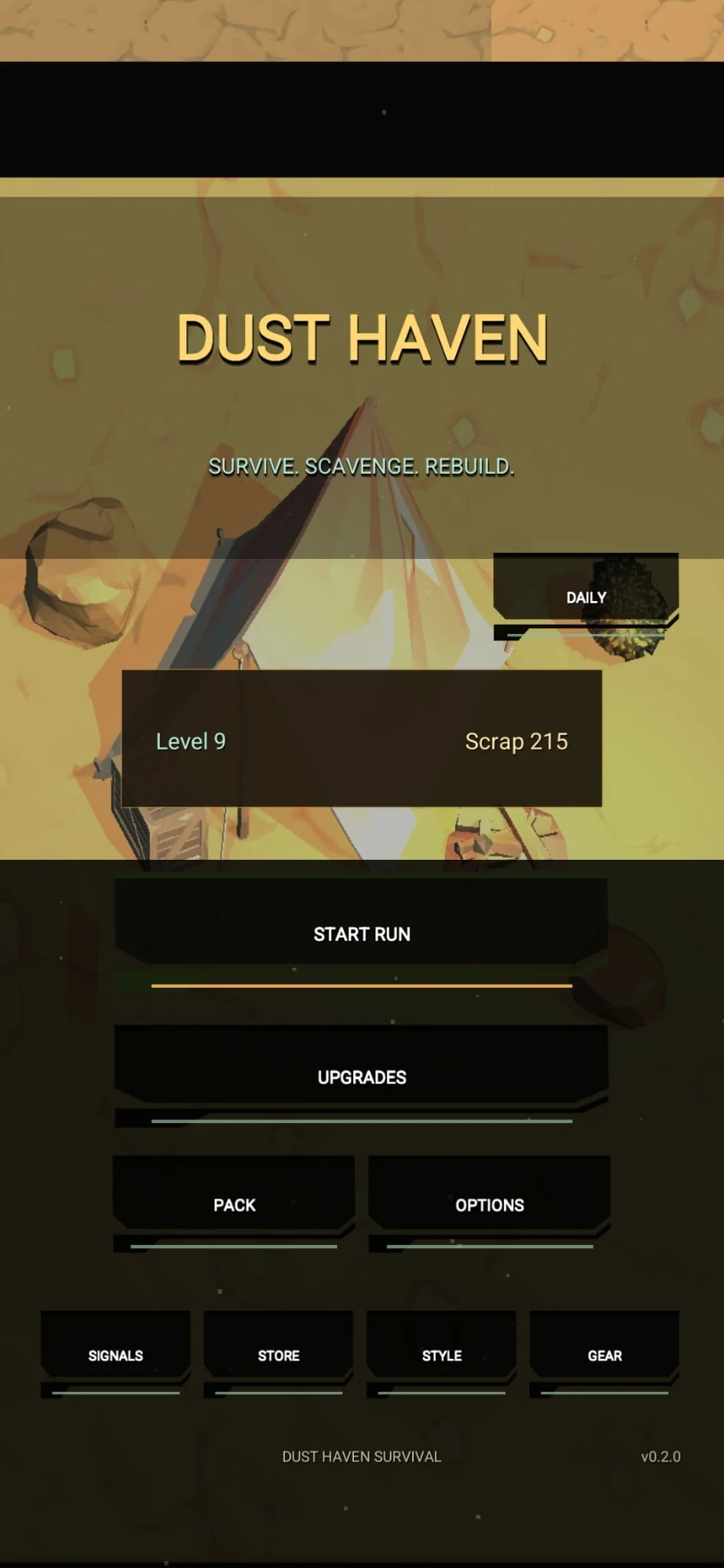 Dust Haven main menu showing a survival camp, account level, scrap balance and buttons for runs, upgrades and other progression screens