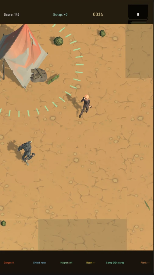 Dust Haven run-complete screen displaying survival time, score, earned experience and navigation to retry or upgrades