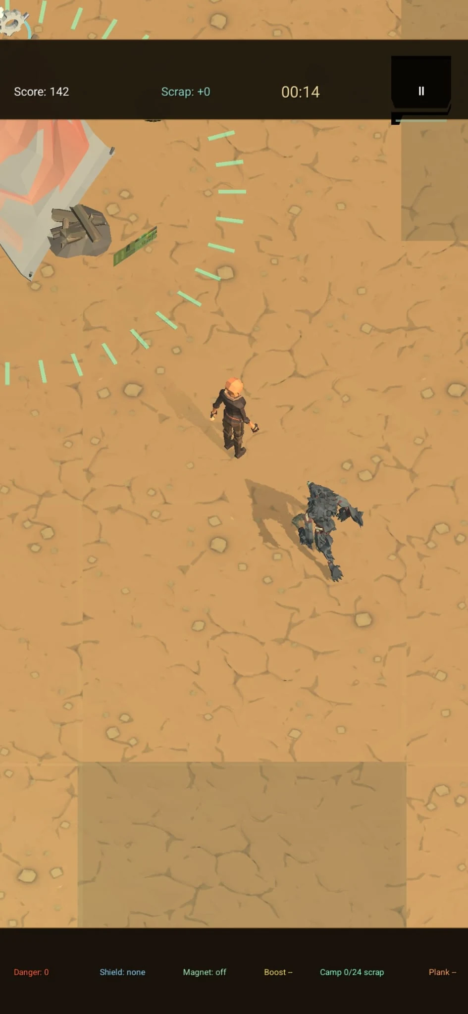 Dust Haven mobile gameplay: survivor evading a pursuing creature on cracked desert ground, with score and camp status visible