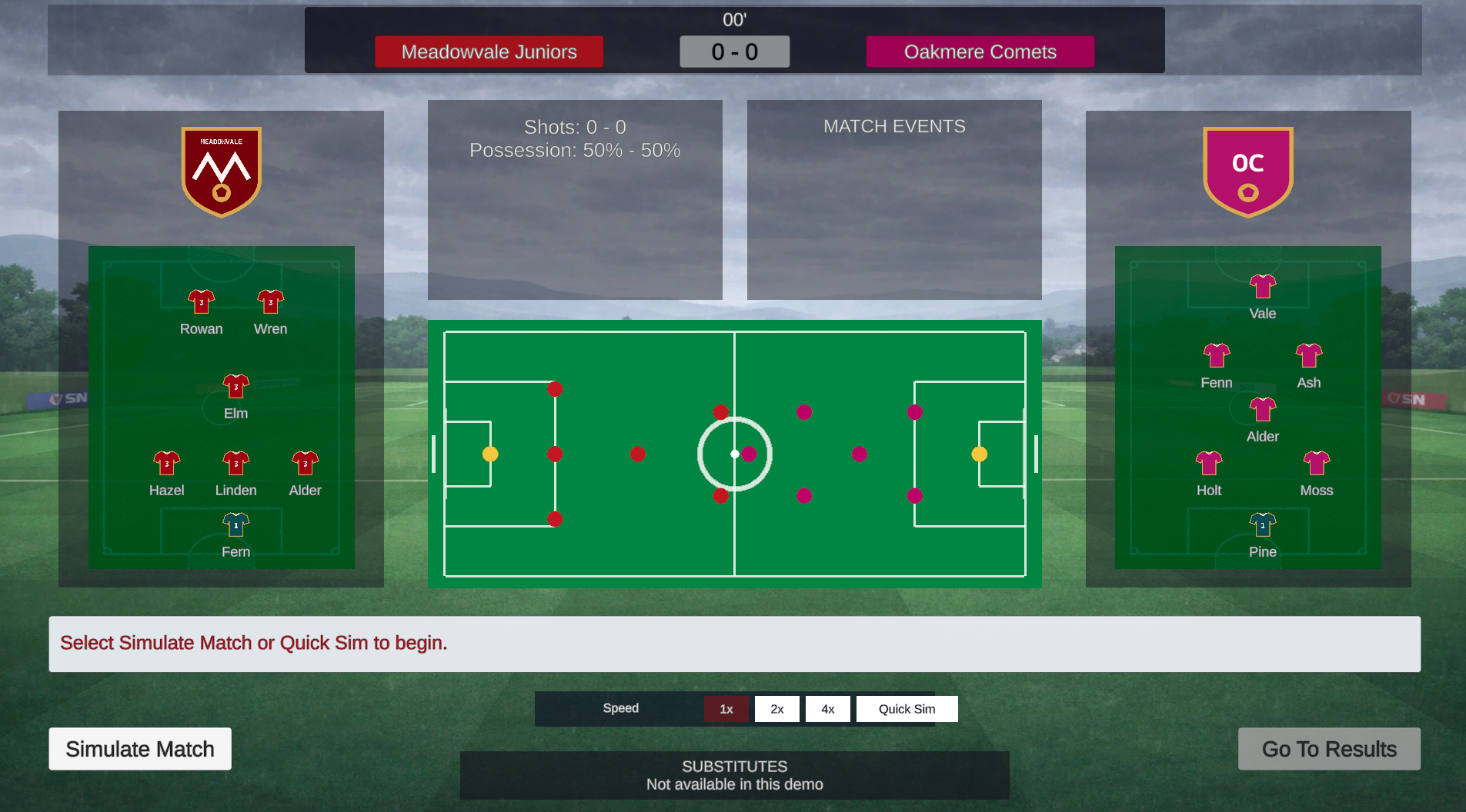 Meadowvale Football Manager match screen with team shapes, live 2D pitch, score, statistics and commentary