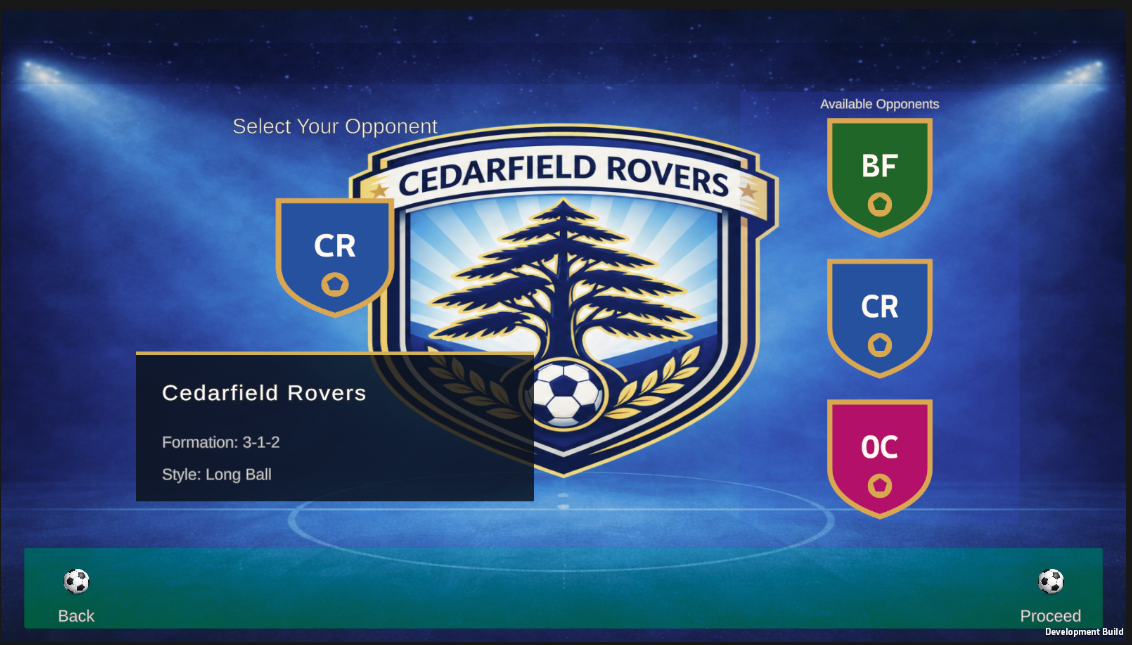 Meadowvale Football Manager opponent selection screen showing Cedarfield Rovers, formation and tactical style