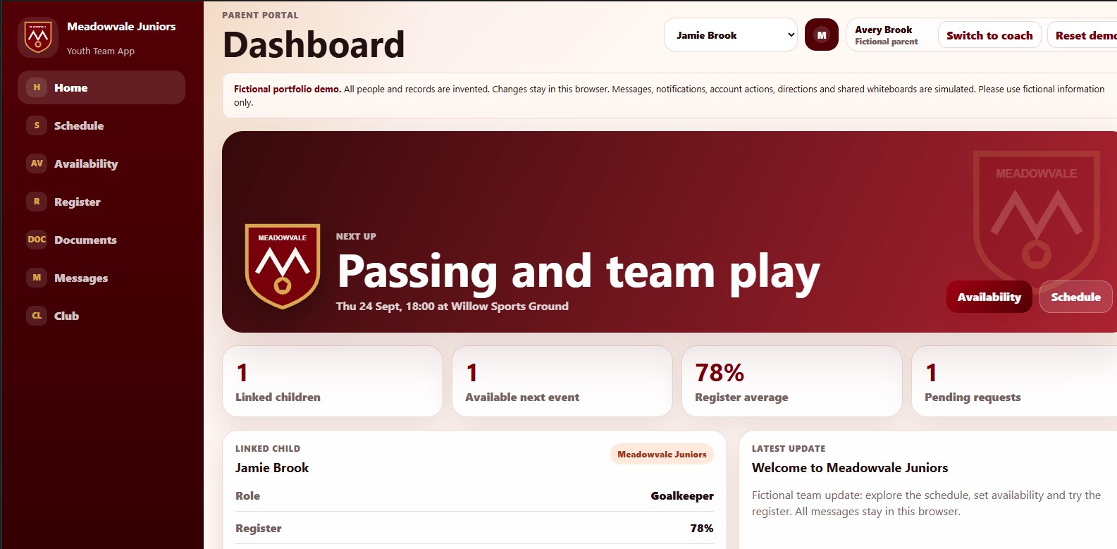 Meadowvale Juniors fictional parent portal dashboard with upcoming training, availability and linked-player information